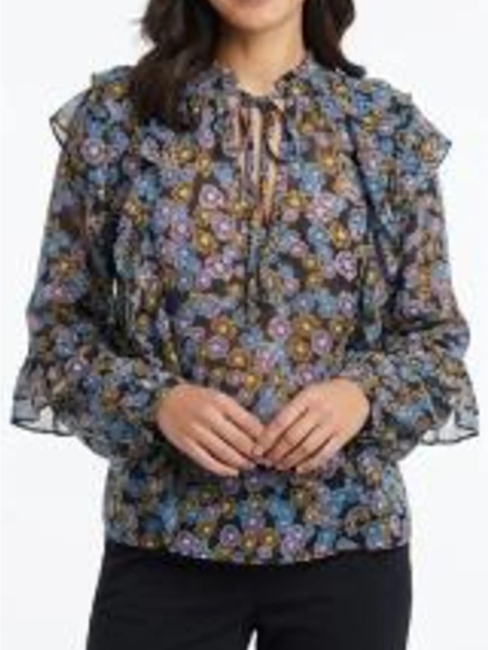 Topshop Black Floral Ruffle Tie-Neck Blouse women size 10